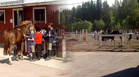 Oppilaita ja hevonen tallin pihalla